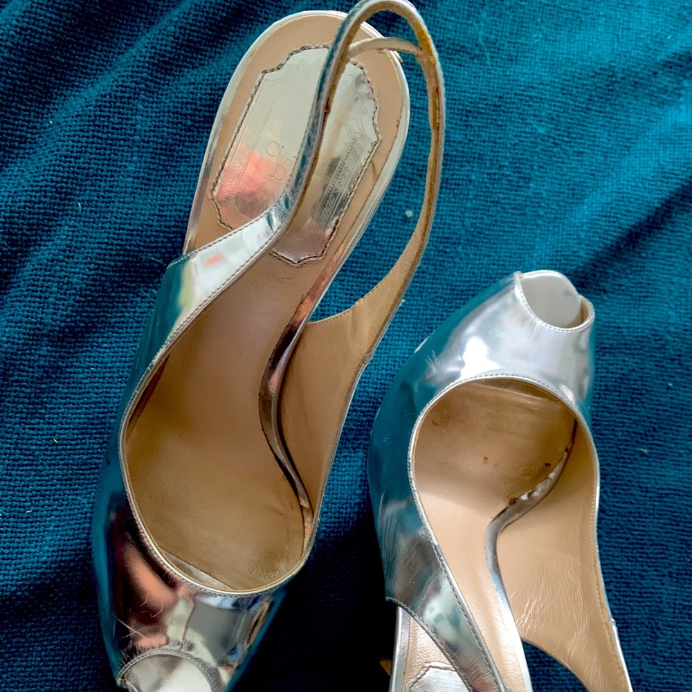 COPY - Dior silver metallic sling back platform heels.